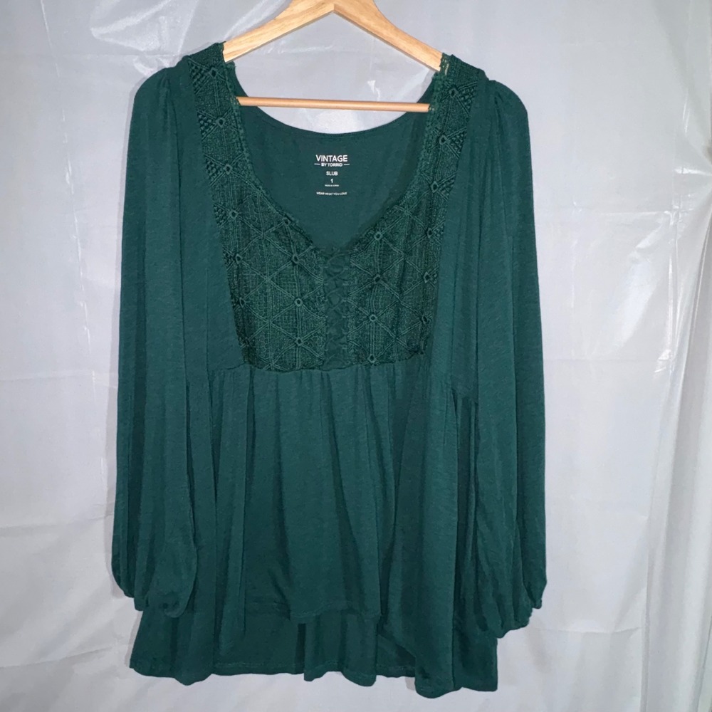 Torrid Vintage Slub Green Crochet Lace Babydoll Tunic Top 1X Long Sleeve Flowy